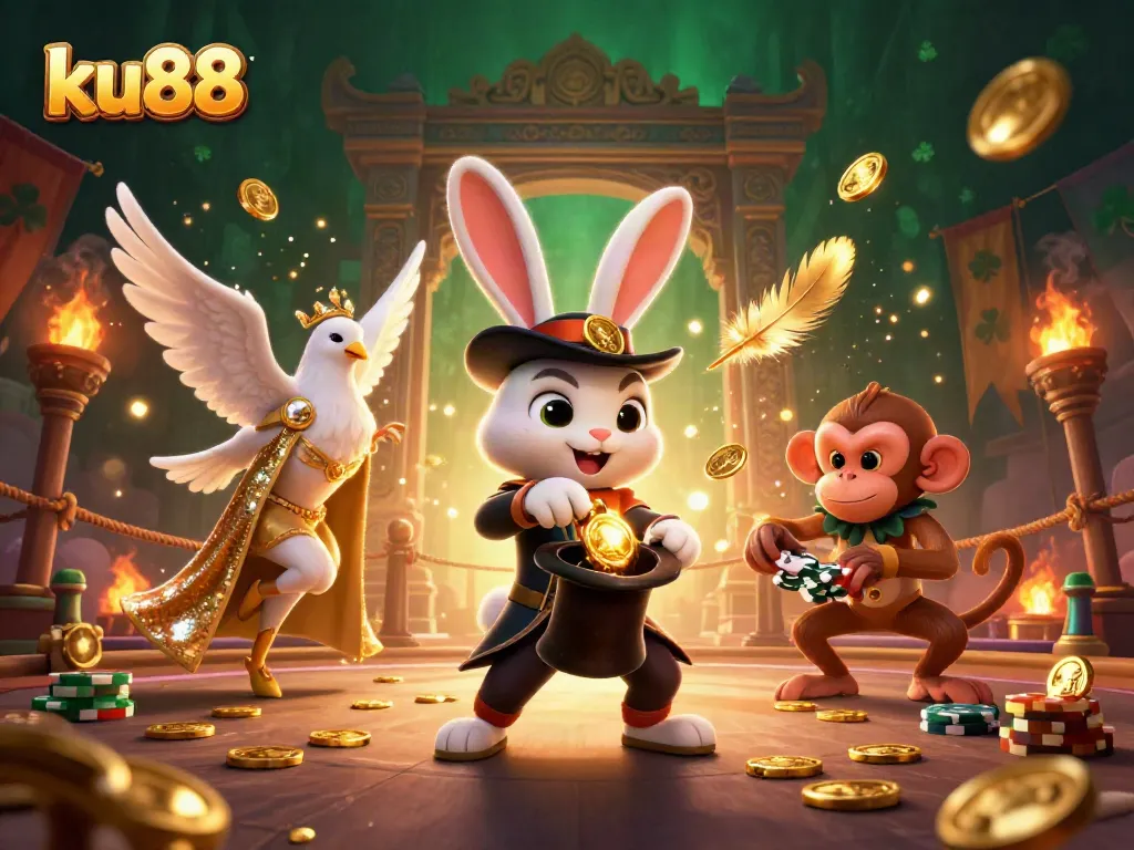 Experience the magic of ku88 with a 3D whimsical scene showcasing a magician rabbit and poker chips.