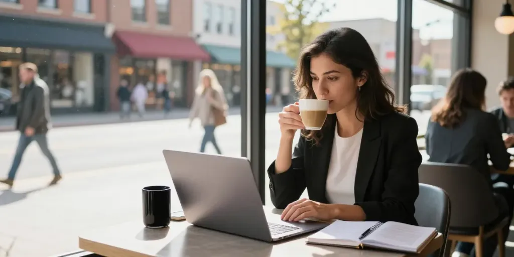 Youthful woman engaged in applying for payday loans online at red-deer.paydayloans-on.ca in a bustling café.