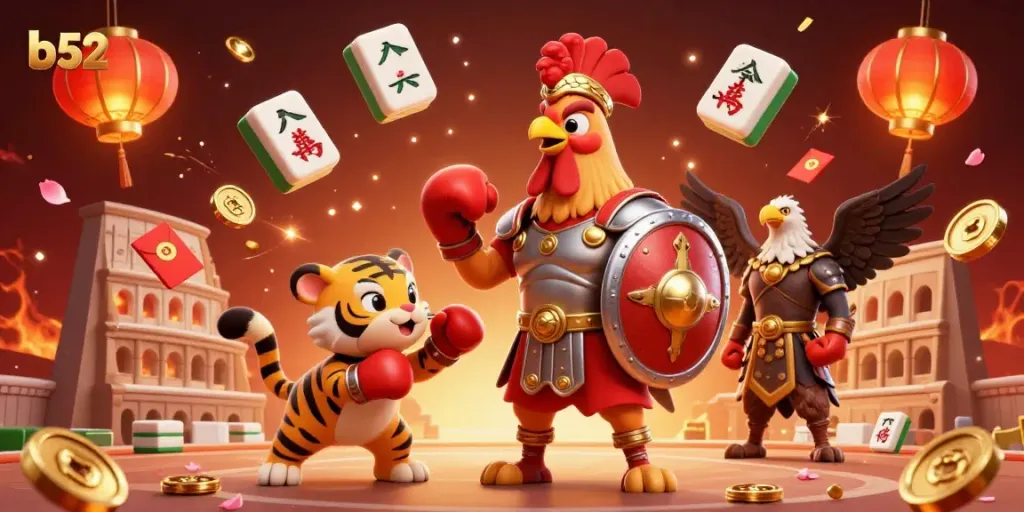 B52 showcases a vibrant gaming scene with a gladiator rooster, tiger cub, and eagle highlighting the lively casino atmosphere.