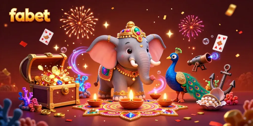 Experience gaming wonder at fabet with a festive elephant and vibrant treasures.