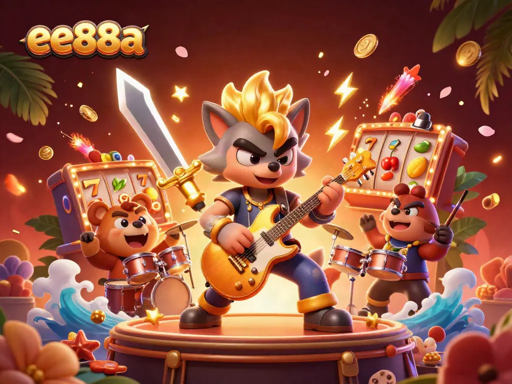 Experience the exciting ee88a casino atmosphere with rock star characters and slot machines.