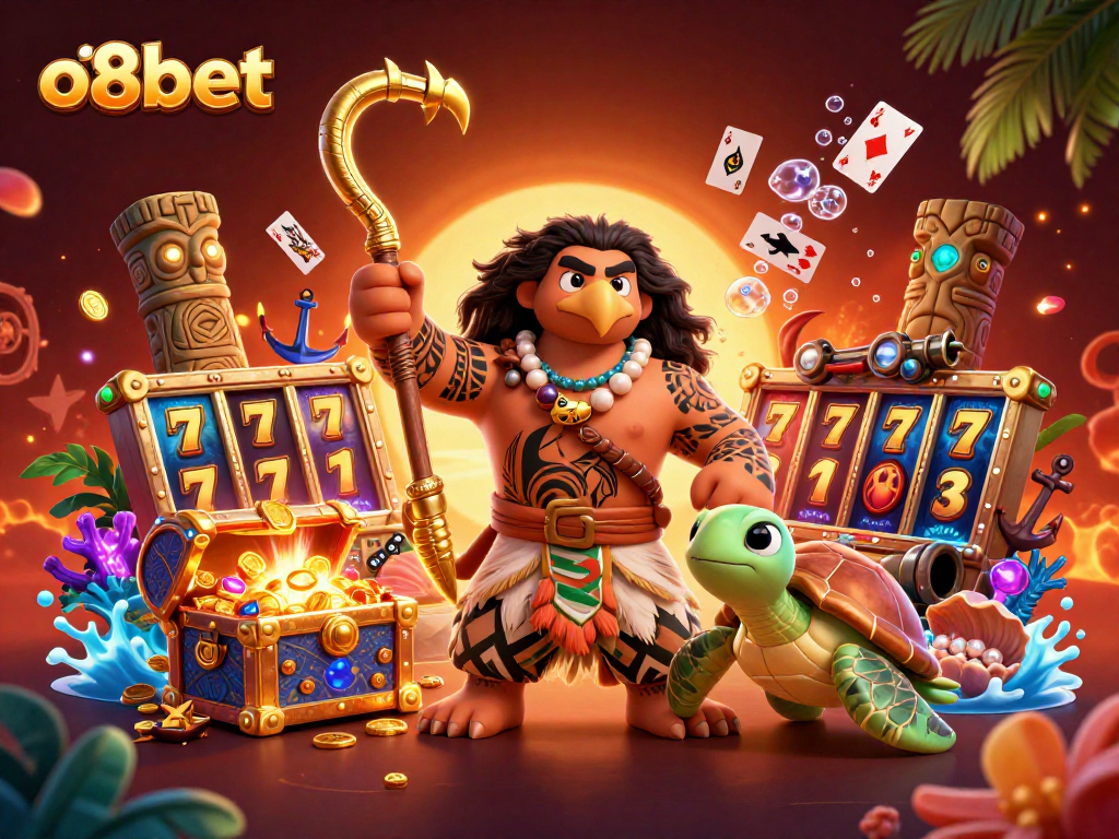 Engage with the vibrant casino world of o8bet featuring a Polynesian demigod and rich game elements.