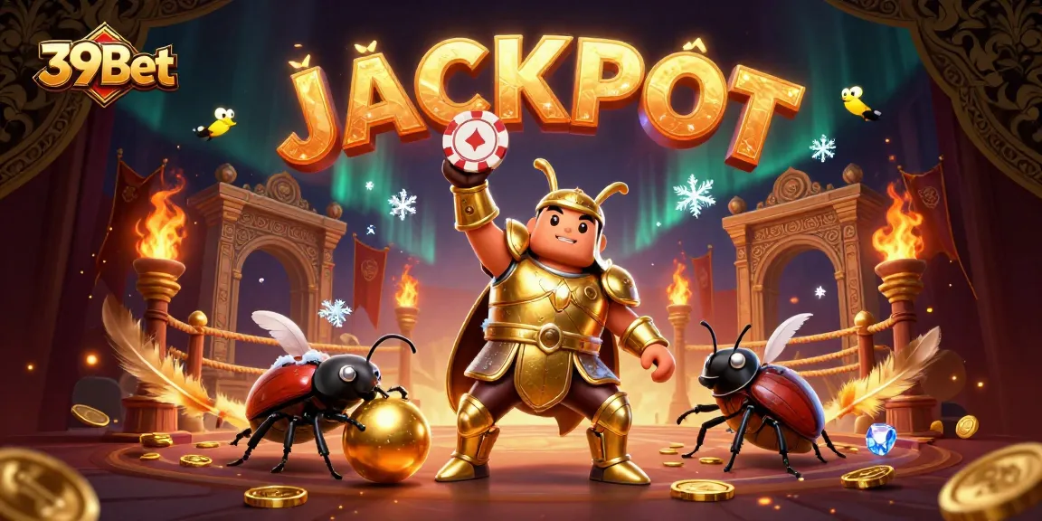 39Bet showcases victory in a vibrant casino scene with a heroic beetle lifting a poker chip amidst dynamic gaming elements.