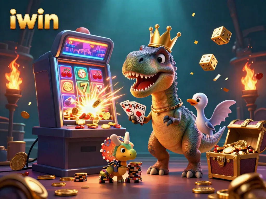Experience thrilling fun with iwin as cartoon characters play cards and stack chips in a dynamic casino scene.