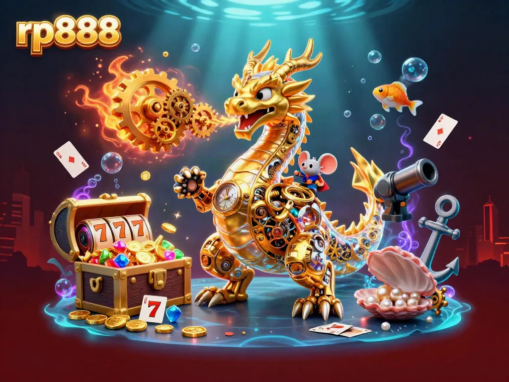 Experience the immersive world of rp888 with a golden dragon and vibrant casino elements.