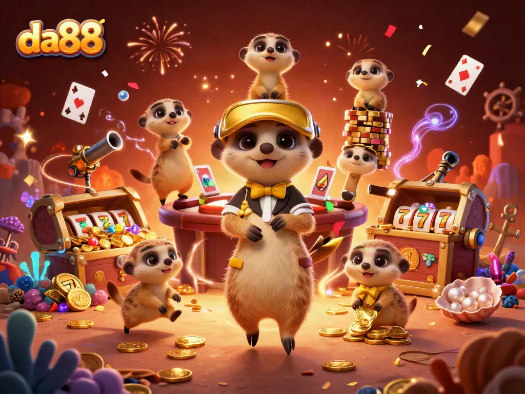 Experience the excitement of da88 with cartoon meerkats managing a vibrant casino scene filled with action.