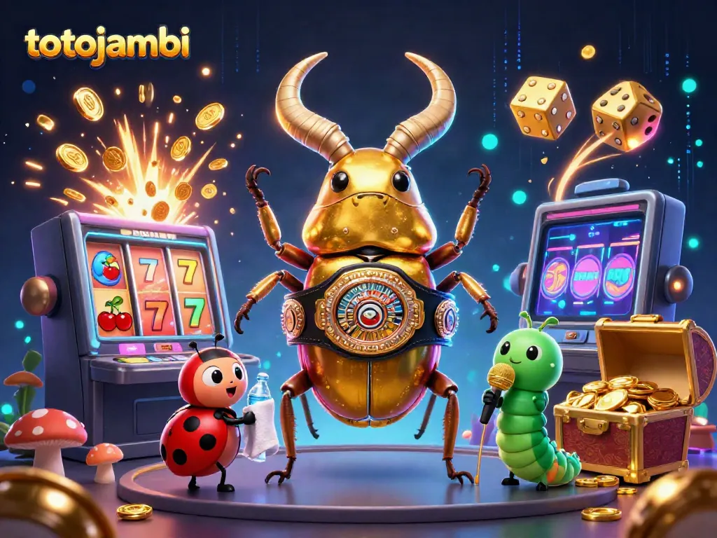 Engage in thrilling totojambi casino action with a golden stag beetle and vibrant slot machines.