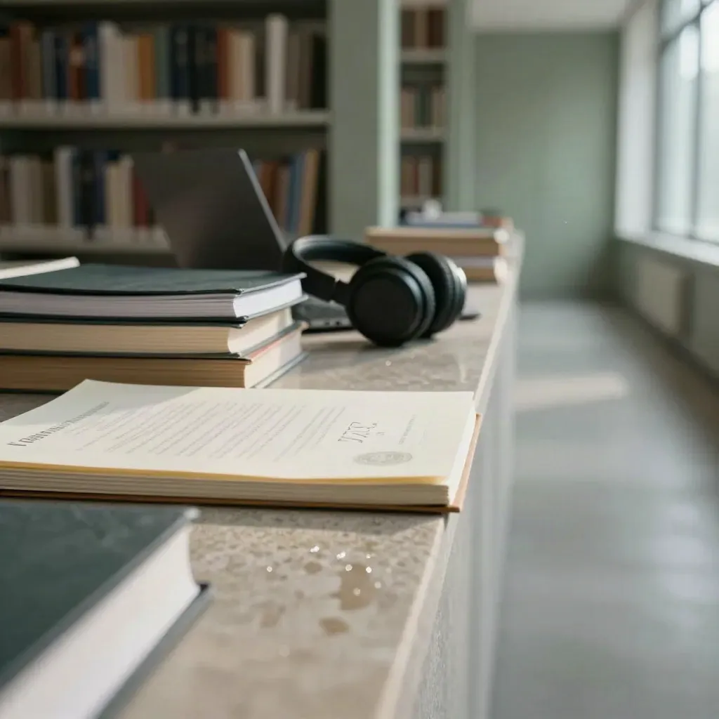 Makro studio nauki w korytarzu bibliotecznym, teczki kursów, laptop i folio certyfikatu w miękkim świetle.