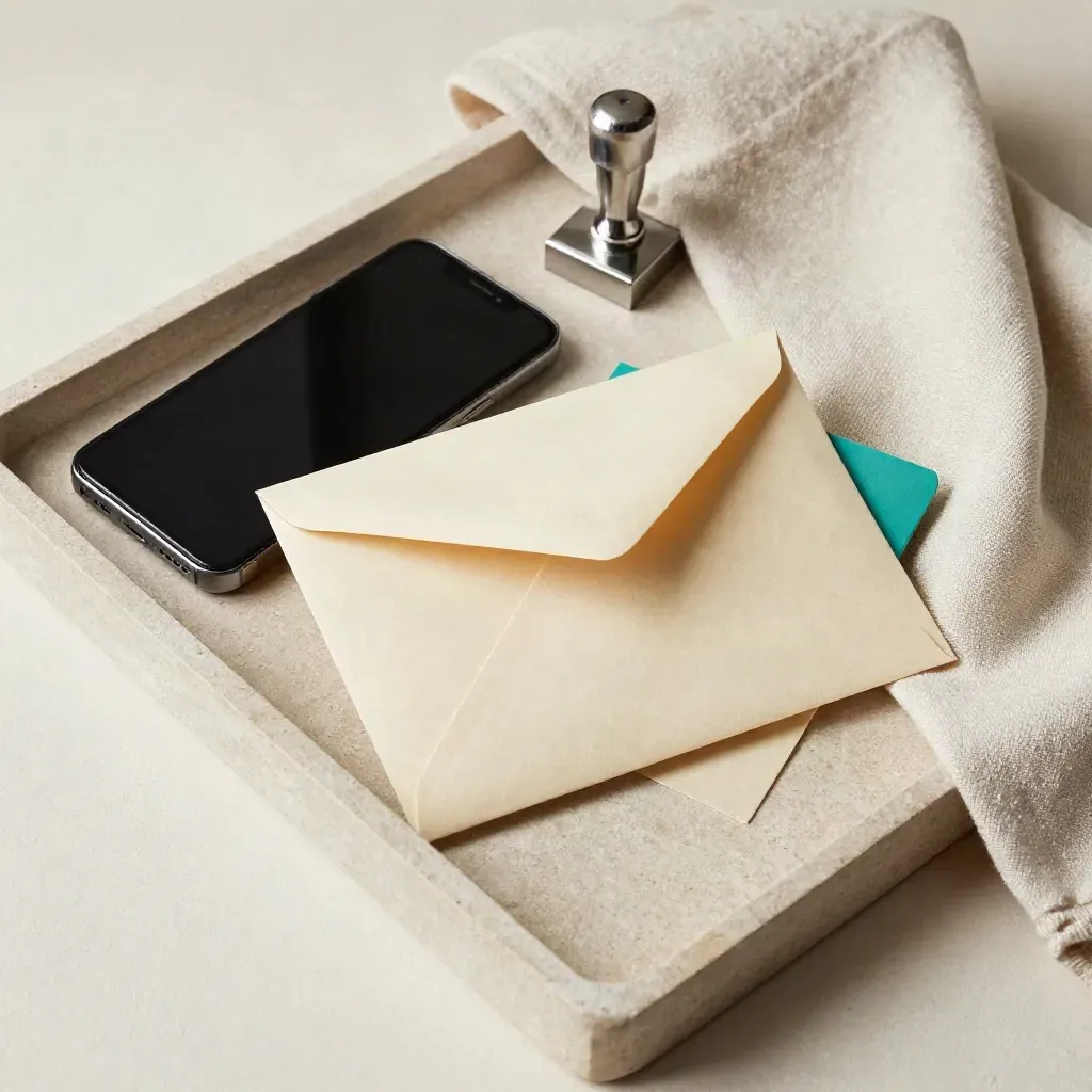 Zamknięta koperta, telefon i stalowy stempel na kamiennej tacy w miękkim świetle.