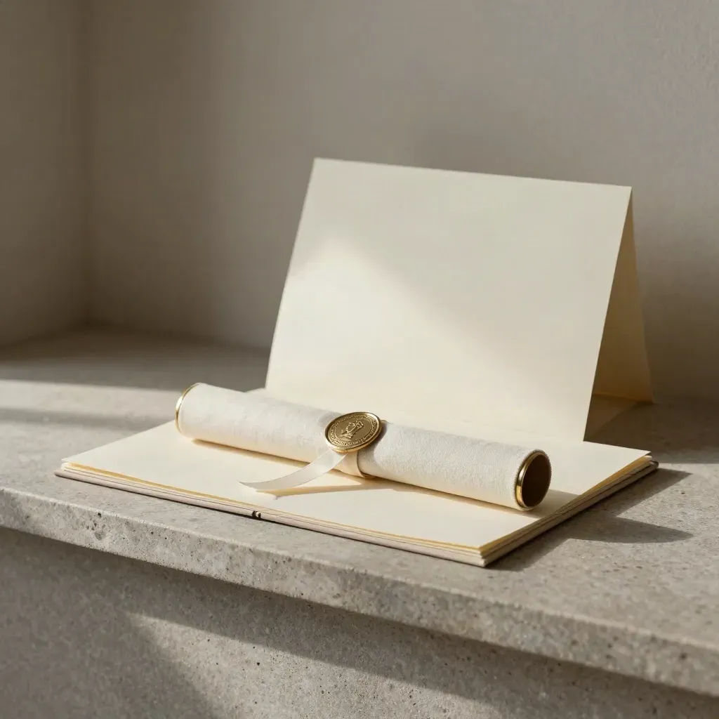 Elegancki folio z certyfikatem, pieczęcią i wstążką na kamiennej półce