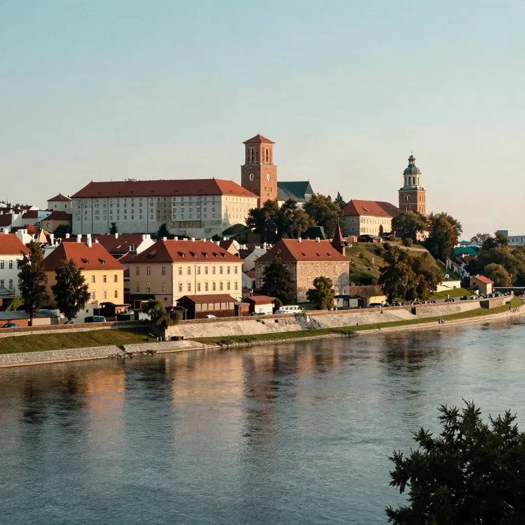 Wawel nad Wisłą o złotej godzinie, z zamkiem wysoko i spokojną wodą na pierwszym planie