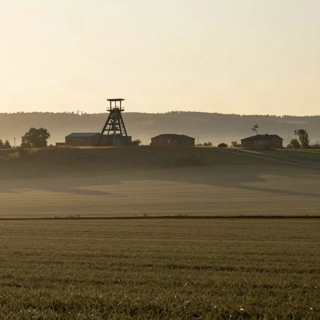 Widok z góry na Śląsk: dachy, drzewa i przemysłowa sylwetka w ciepłej mgle.