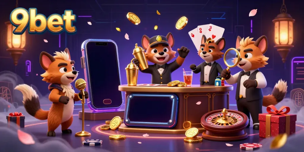 Experience the vibrant comedy casino scene at 9bet with energetic hyenas, games, and interactive atmosphere.
