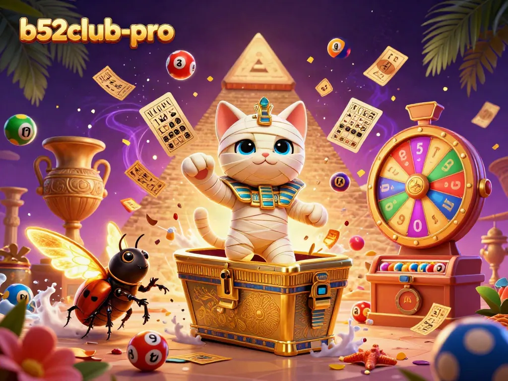 Experience b52club-pro with a vibrant 3D illustration of a mummy cat in a casino setting.