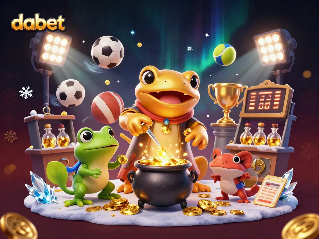 DABET sports betting illustration featuring a golden salamander alchemist and dynamic sports elements.
