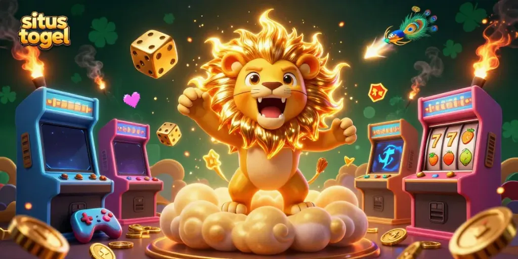 Engage with situs togel in a vibrant casino scene showcasing a roaring lion, golden dice, and animated game elements.