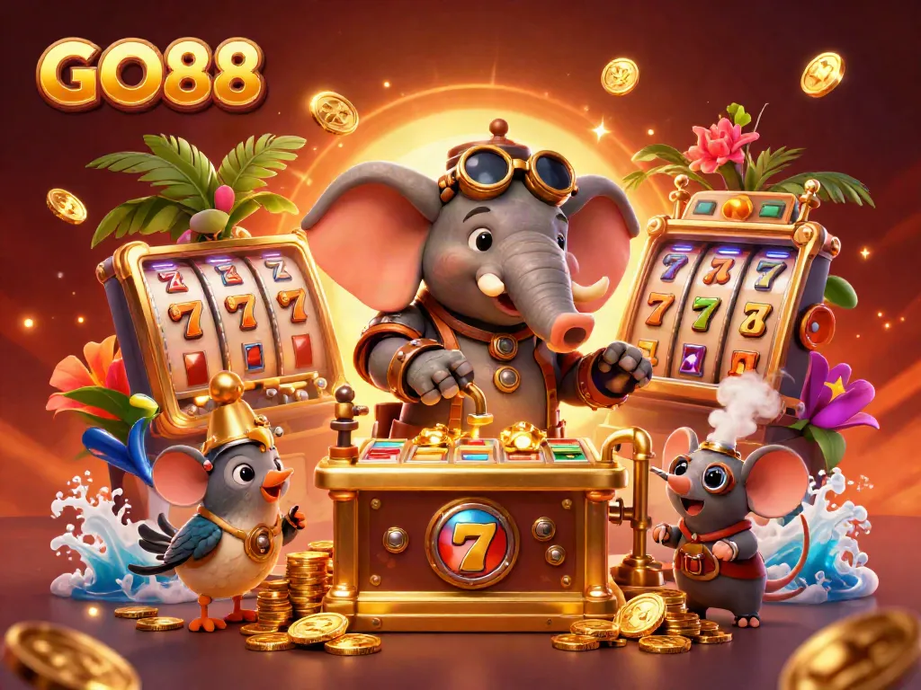 Engaging 3D illustration of GO88's steampunk casino scene with an elephant engineer and vibrant slot machine.