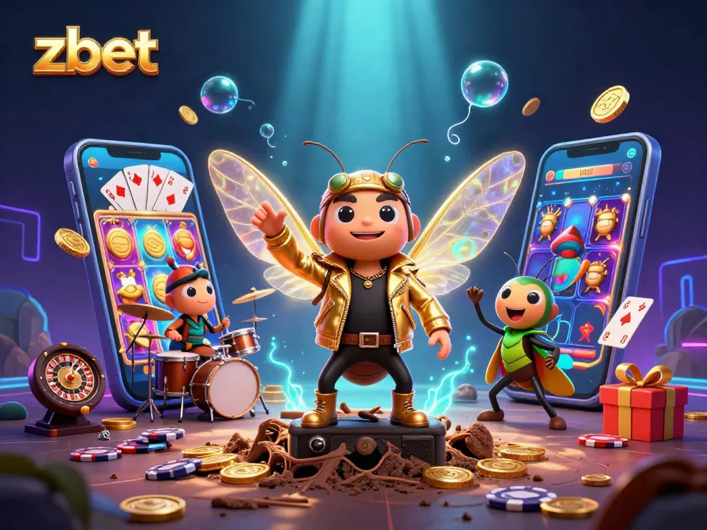 Zbet rocks the casino scene with vibrant 3D illustration showcasing a cicada rock star and fun gaming elements.