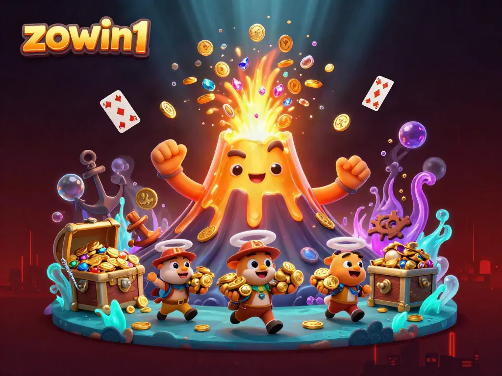 Zowin1 transforms luck into treasure, showcasing a golden volcano erupting coins amidst fury and adventure.