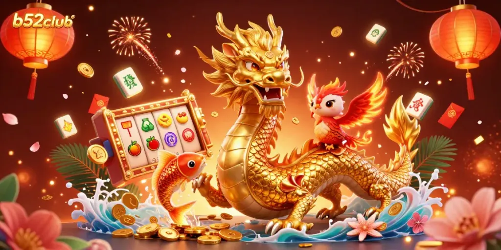 Experience the thrilling b52club with a vibrant 3D scene featuring a golden dragon, red phoenix, and koi fish in action.