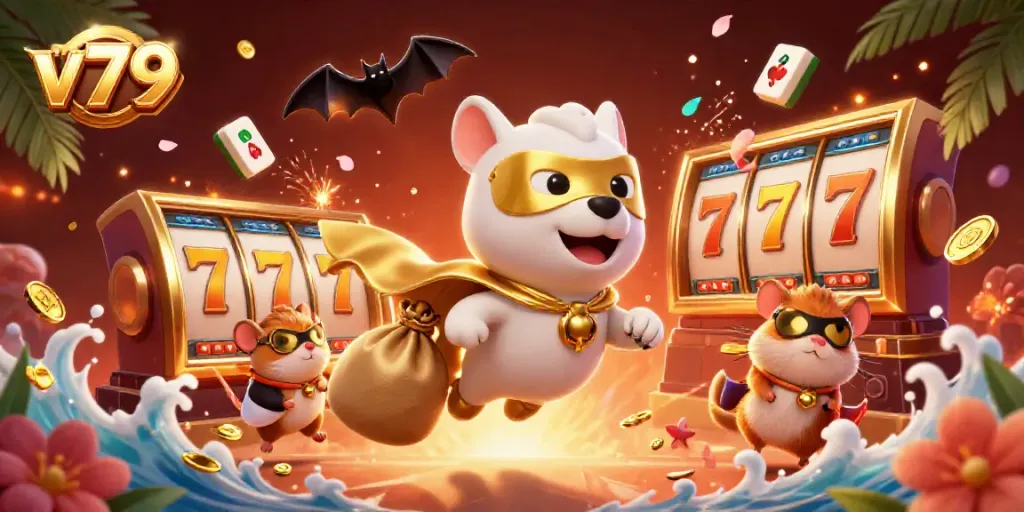 Experience thrilling gameplay as v79's 3D superhero dog and sidekick navigate a colorful casino world filled with excitement.