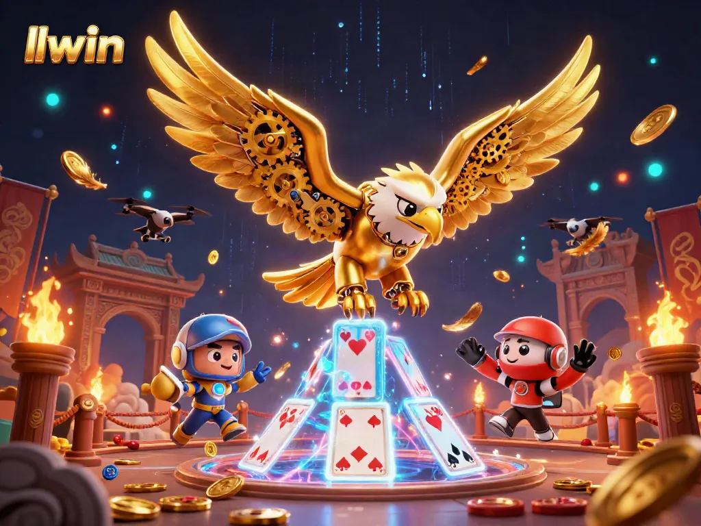 Engage in exciting gameplay with llwin, featuring a golden eagle amidst holographic cards and dynamic casino elements.