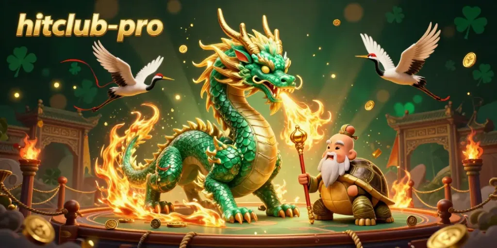 Experience hitclub-pro's action with a majestic dragon and wise turtle sage in a vibrant casino scene.