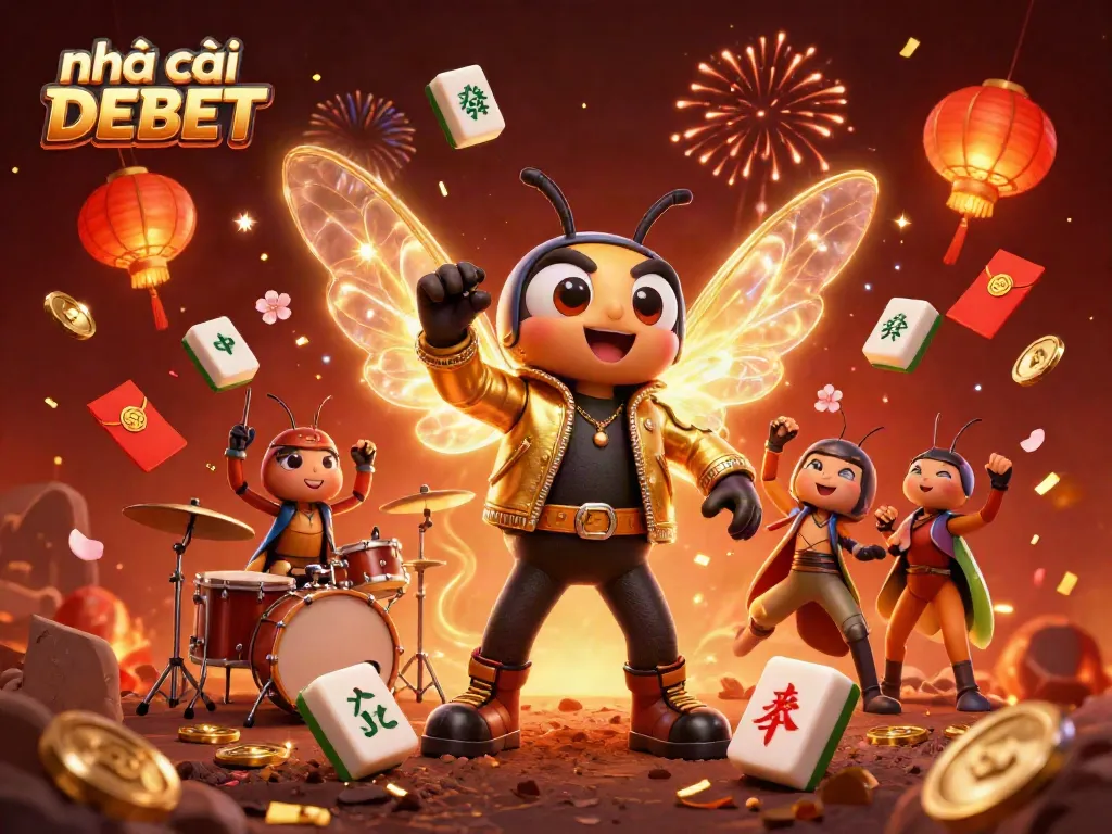 Experience the vibrant energy at nhà cái DEBET with a rocking cicada star, drummer beetle, and crickets celebrating together.