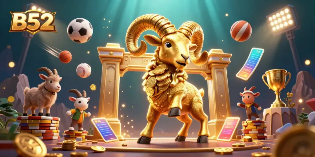 Win big with B52 at the vibrant online casino featuring dynamic sports-themed illustrations.