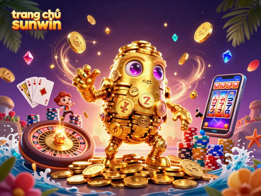 Engage with the dynamic games of trang chủ sunwin featuring a golden golem amidst sparkling casino elements.