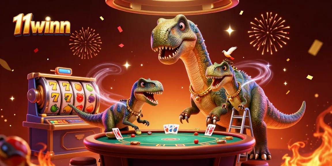 Join the excitement at 11winn with a playful dinosaur theme and vibrant casino elements.