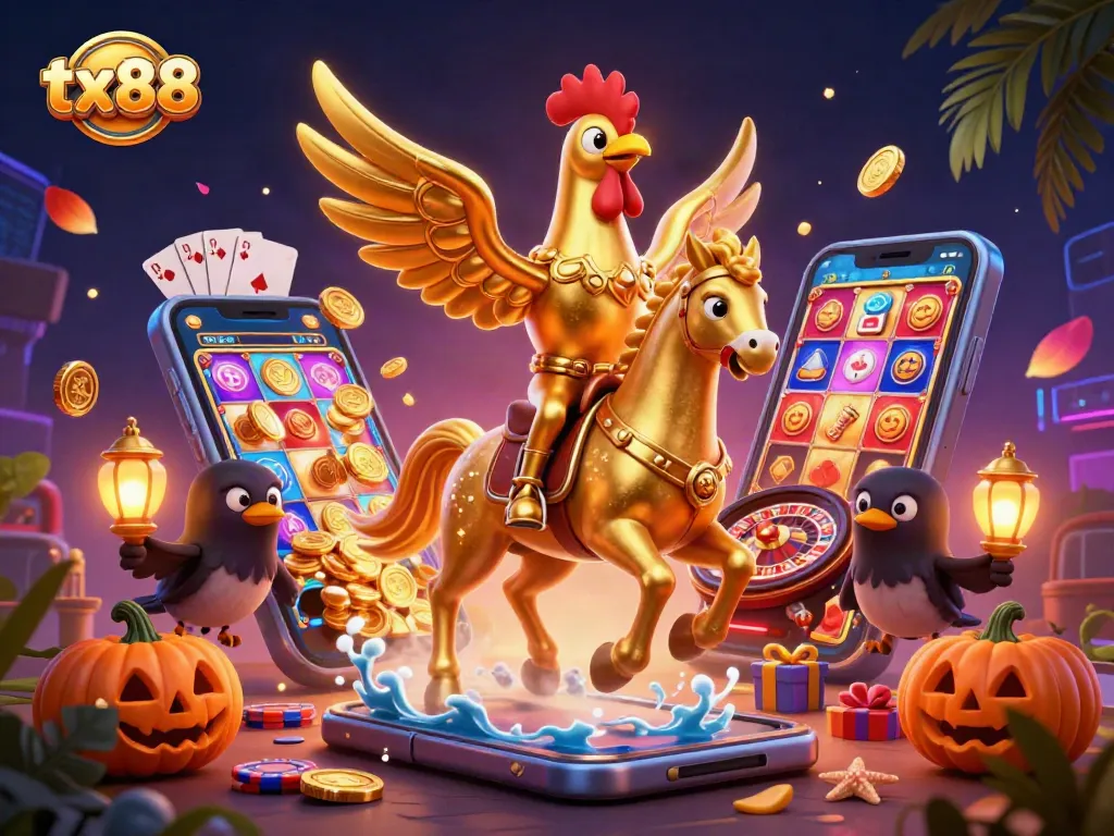 Experience thrilling gameplay at tx88 as a golden rooster gallops through a lively casino scene.