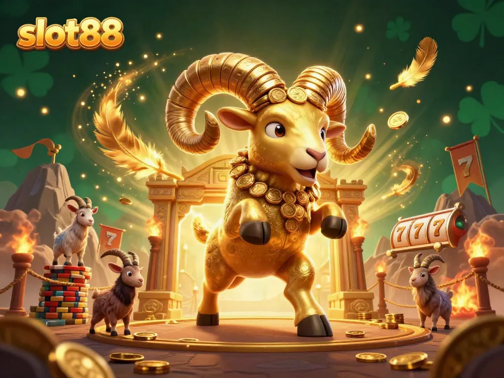 Experience the thrill of slot88 with a dynamic illustration of a golden ram charging through a casino arena.
