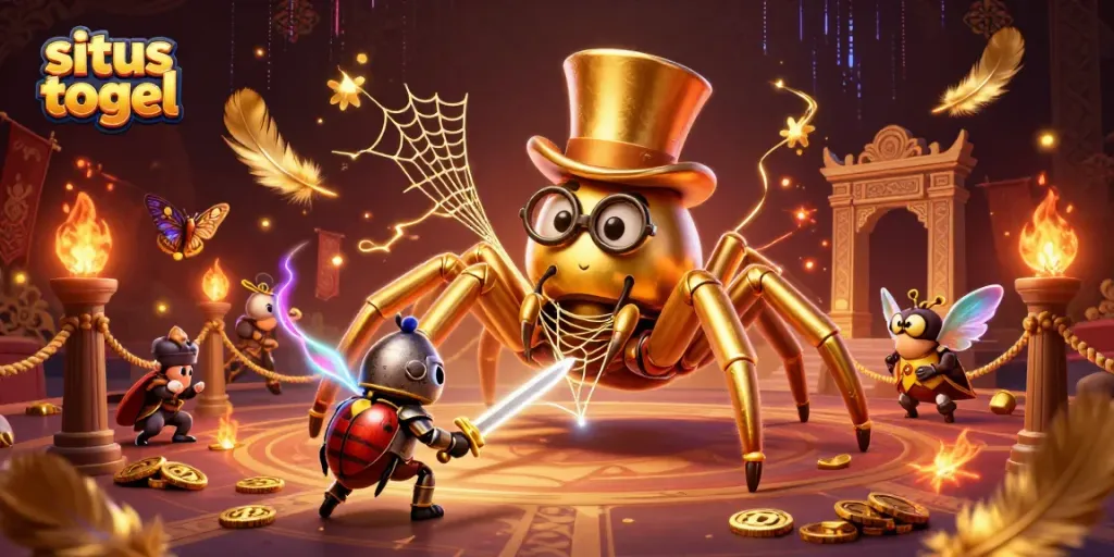 Engage with exciting situs togel action featuring a whimsical 3D scene of a golden tarantula and beetle knight.