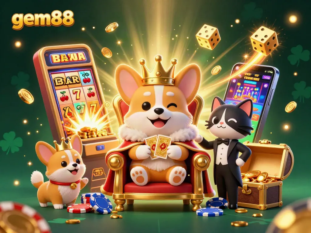 Experience gem88's thrilling casino adventure with a royal corgi and jackpot winning elements.