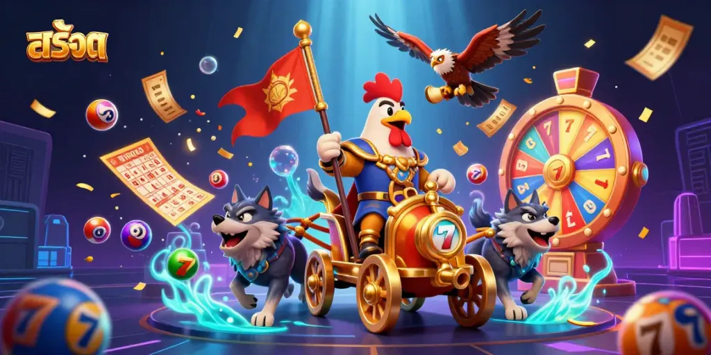 Play สล็อต with engaging characters in a dynamic casino scene featuring slot reels and vibrant gambling elements.
