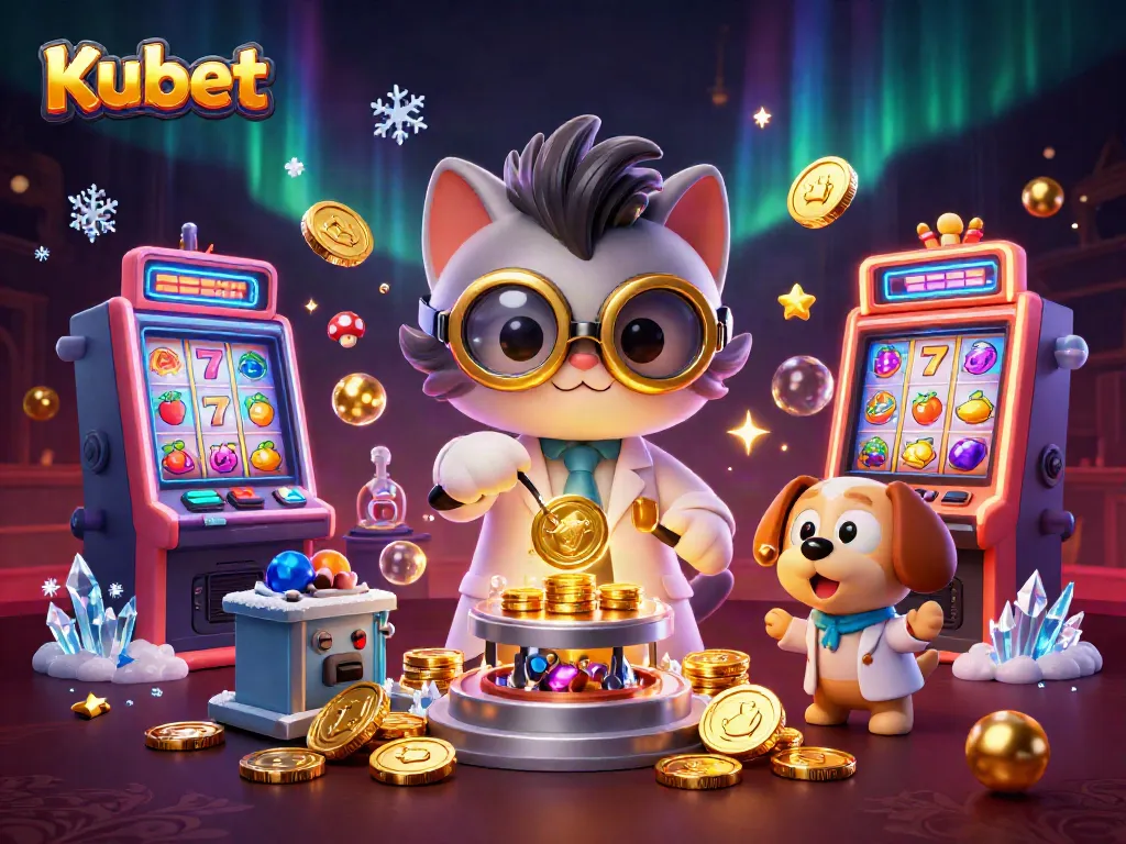 Kubet slot machines animate excitement in an engaging 3D scene with a mad scientist cat and a dog assistant.