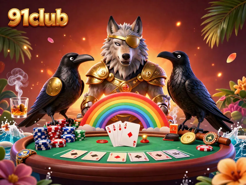 Experience the excitement of 91club with a dynamic Norse mythology gaming scene featuring Odin and ravens amid vibrant casino elements.
