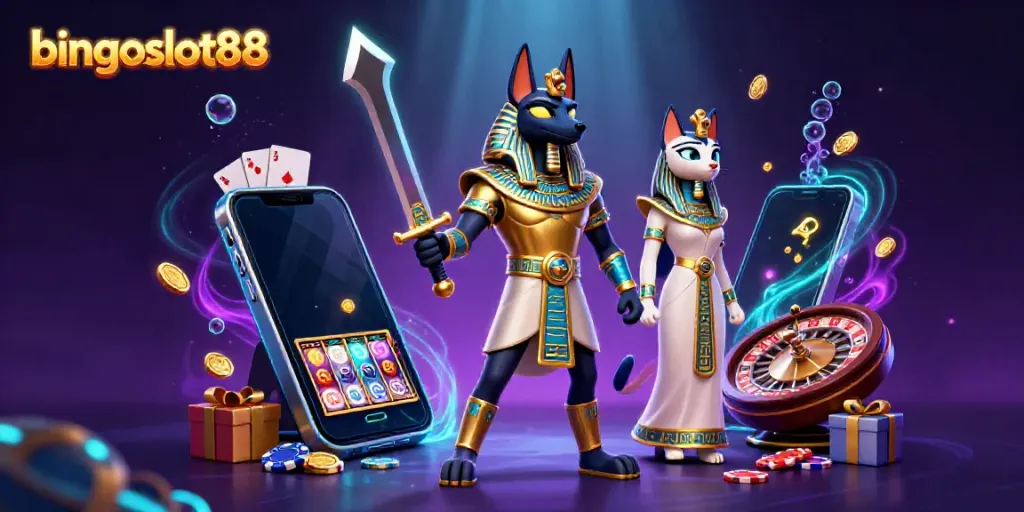 Bingoslot88 menyajikan Anubis dan Bastet dalam kasino 3D, dengan elemen slot dan efek cahaya memukau.