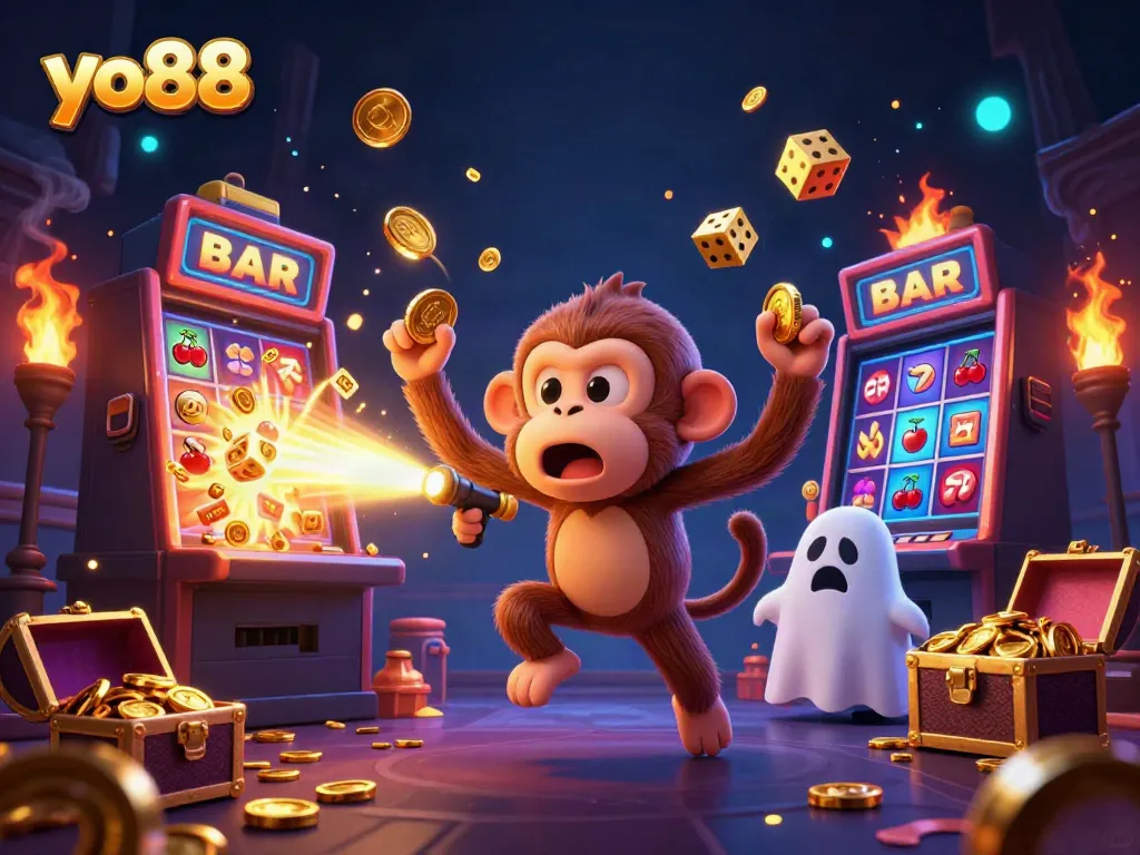 Experience the excitement of yo88 with a playful poltergeist monkey and ghost-hunter puppy in a vibrant casino.