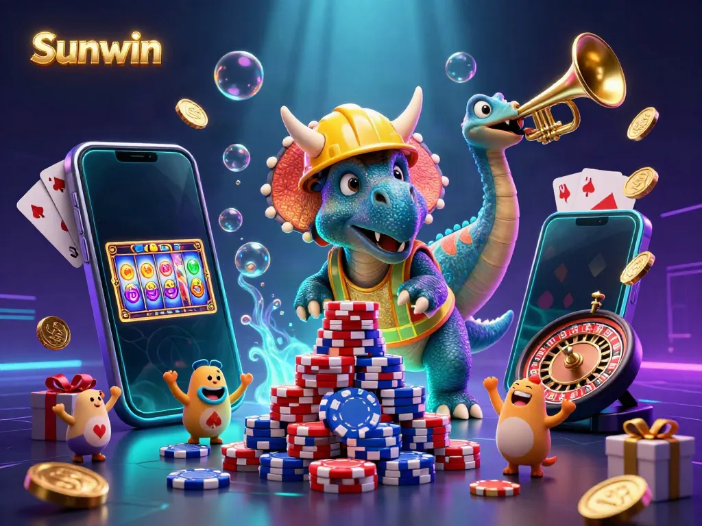 Experience the vibrant excitement of Sunwin with a triceratops building poker chips amidst dynamic gambling elements.