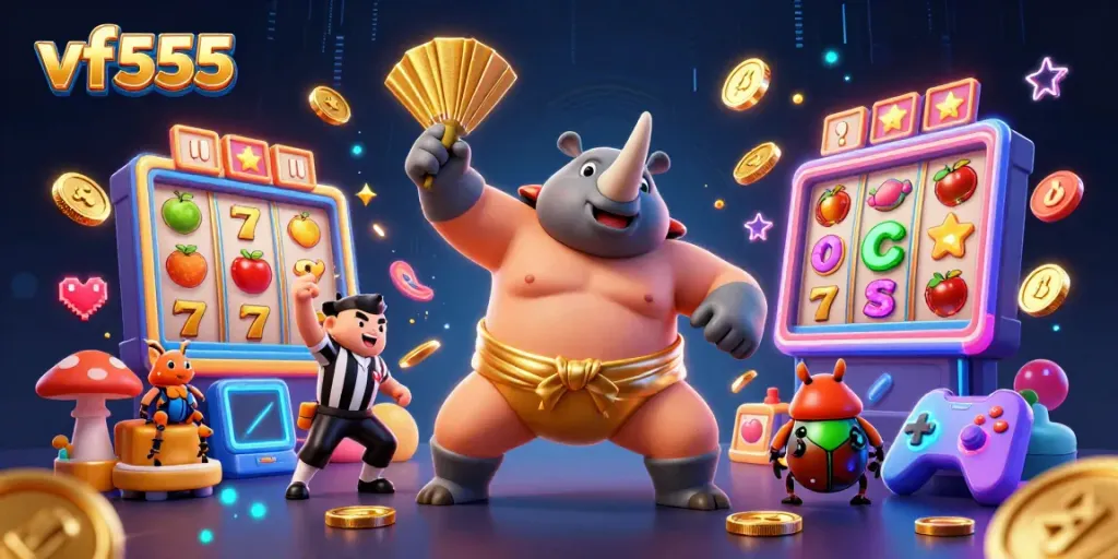 Win big at vf555 with a captivating digital illustration showcasing a cartoon sumo beetle among vibrant casino slots and golden coins.