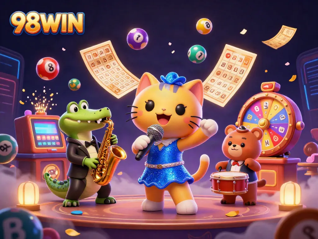 Experience the excitement of 98WIN with vibrant lottery elements and engaging casino characters.