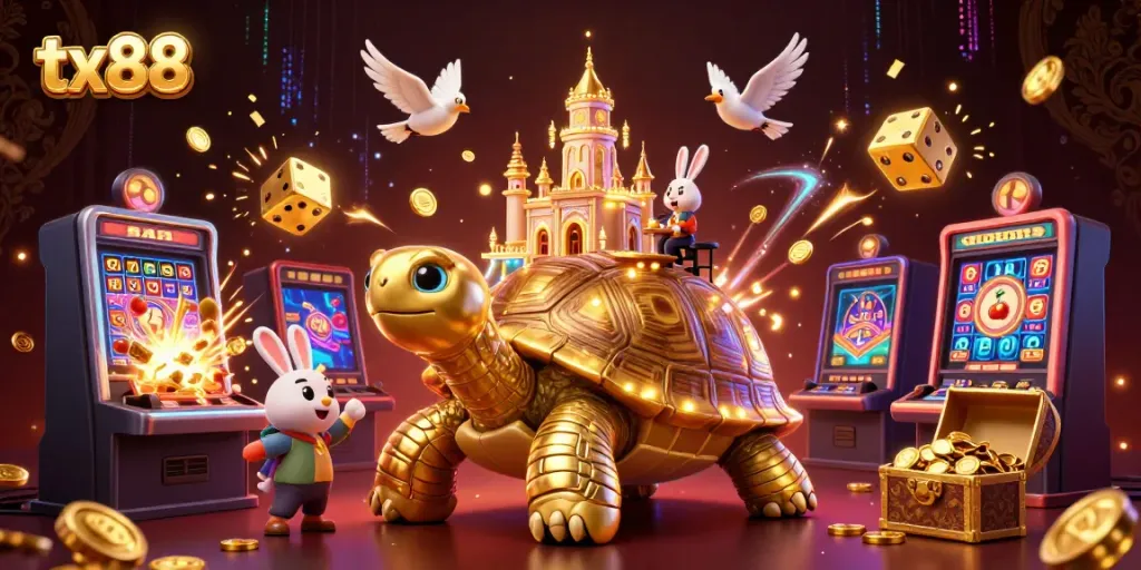 Experience the excitement of tx88 with a golden tortoise casino scene, vibrant with slots and joyful dealers.