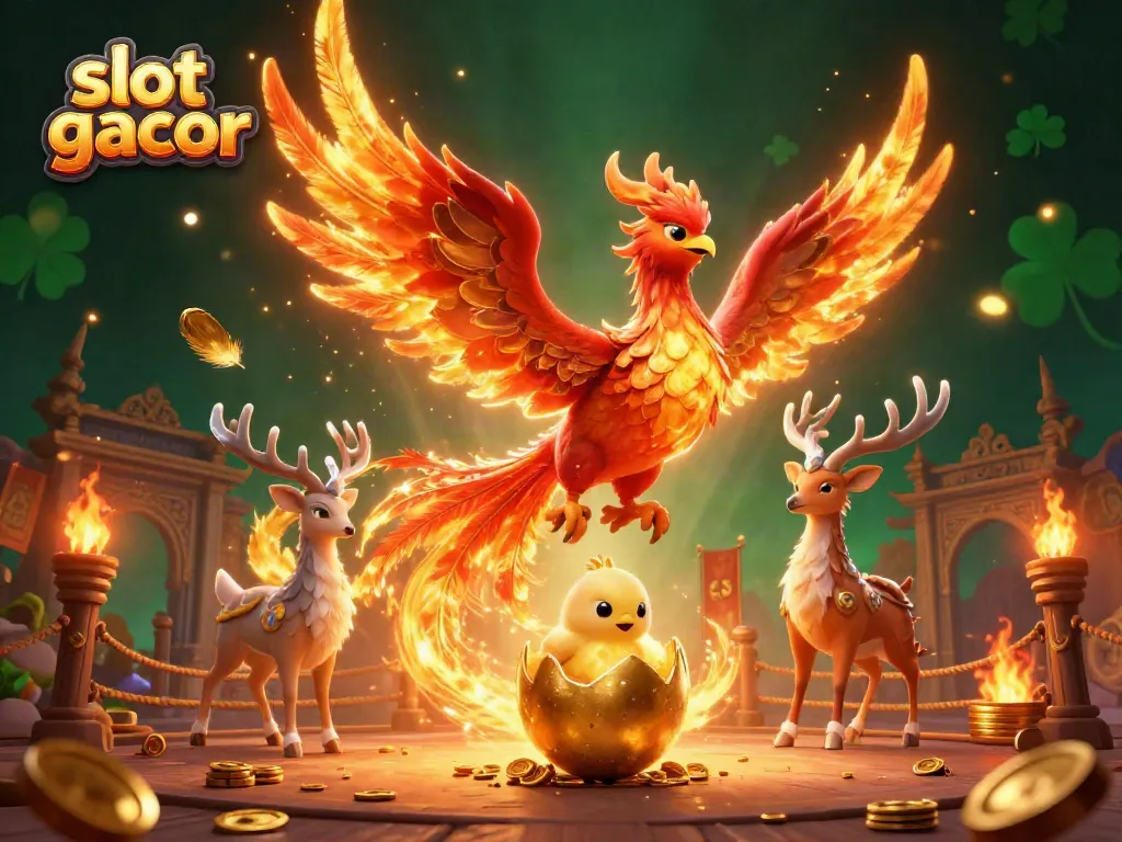 Engage with the vibrant slot gacor scene featuring a fire phoenix and thematic casino elements.