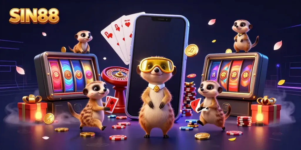 Experience thrilling gaming at SIN88 with meerkat dealers and vibrant casino elements.