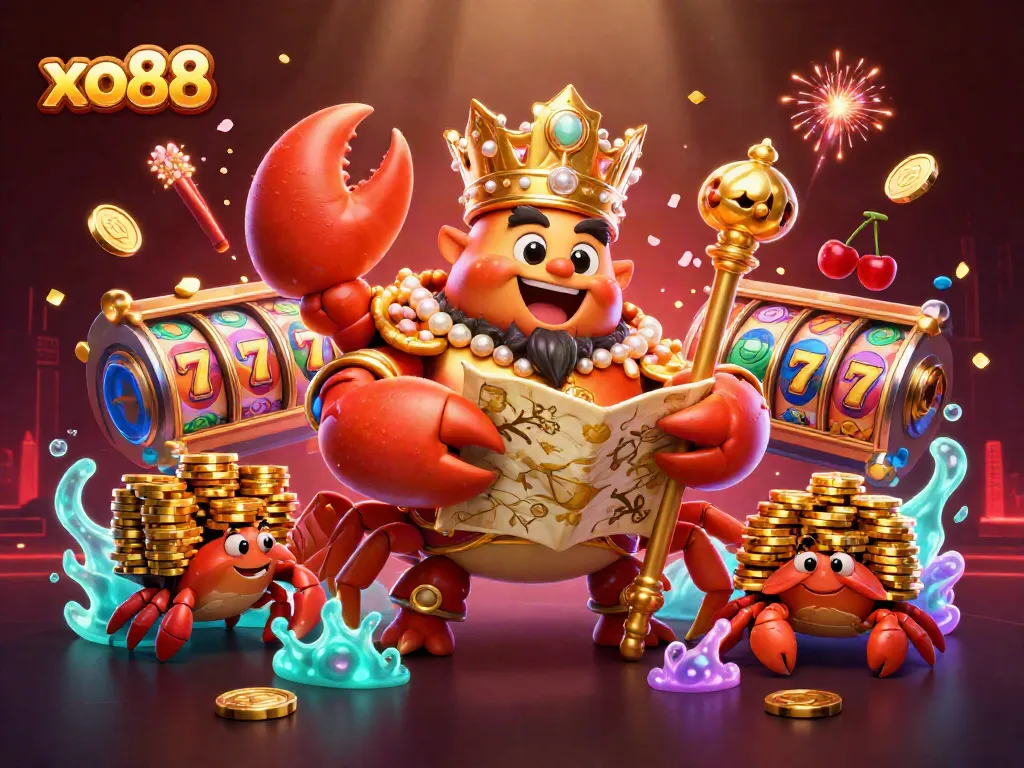 Win big at xo88 with vibrant slot reels, golden crab emperor, and festive decor.