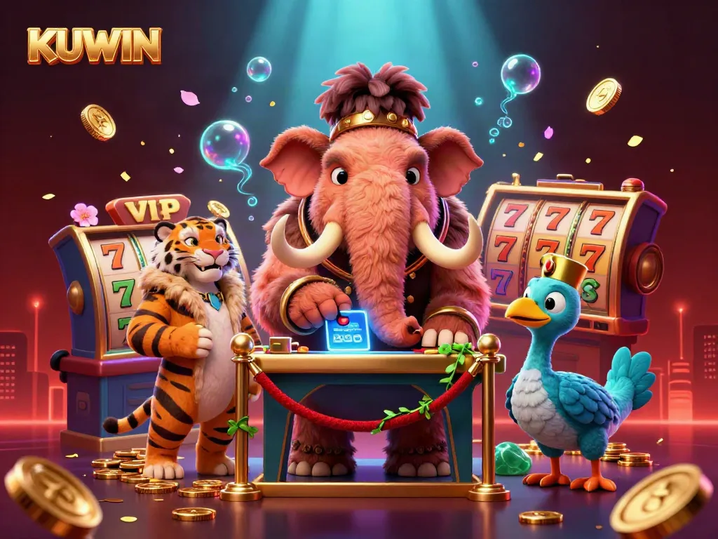 Engage with the exciting world of KUWIN, illustrated with vibrant casino elements and playful characters.