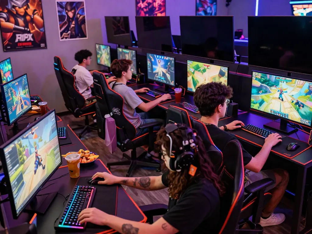 Kilat404 vibrant gaming lounge with diverse gamers at high-tech stations.