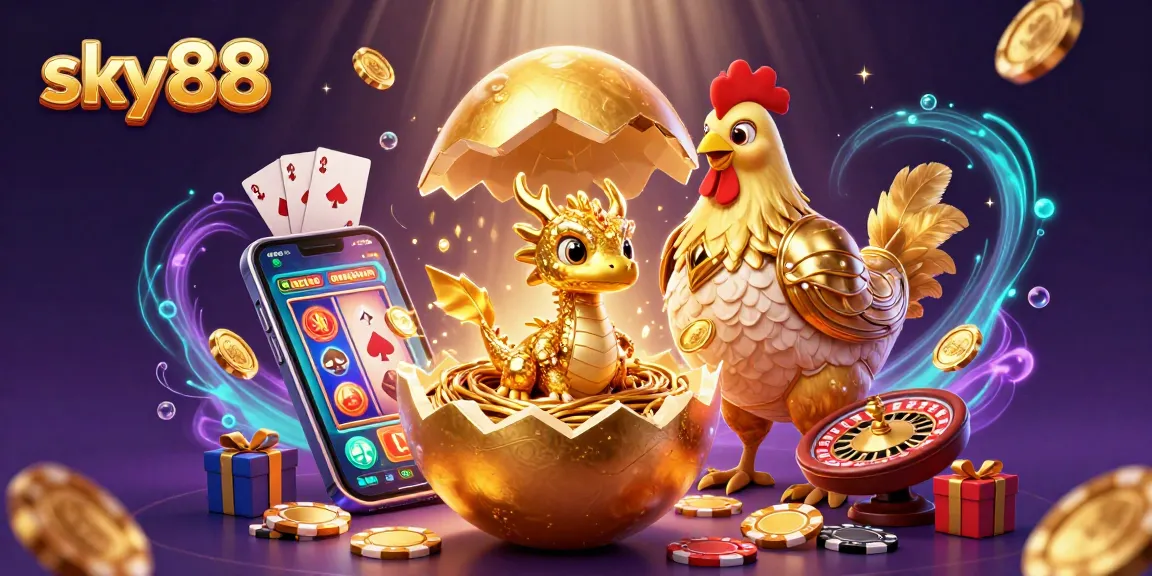 Win big at sky88 with a robust 3D cartoon illustration of a gold dragon and poker chips.